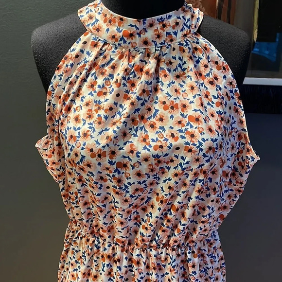 C+D+M shades of rust & navy floral print tiered ruffle skirt halter maxi. - Picture 2 of 7